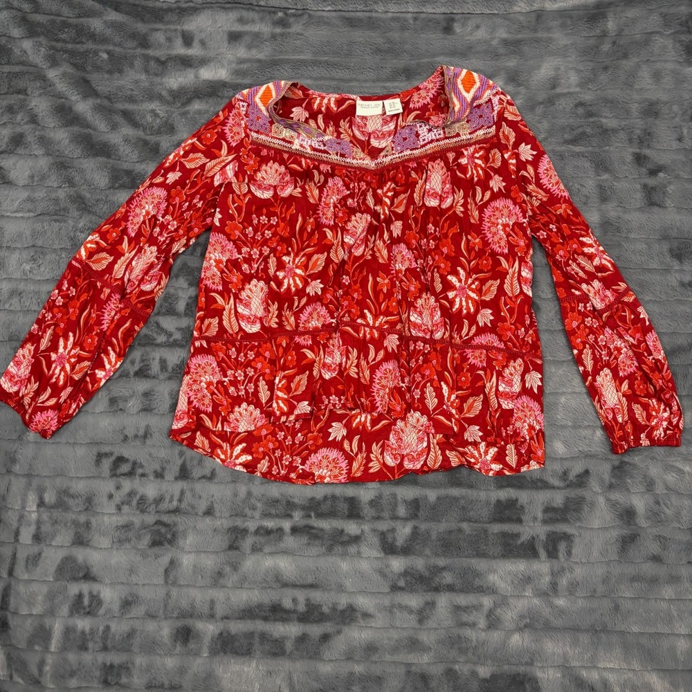 Rachel Zoe Red Floral Embroidered Cotton Peasant Blouse XS Boho Long Sleeve Top